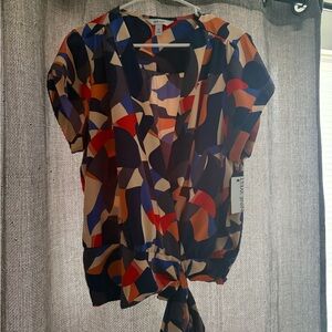 Nine West Blue and Orange Graphic Tie Front Blouse